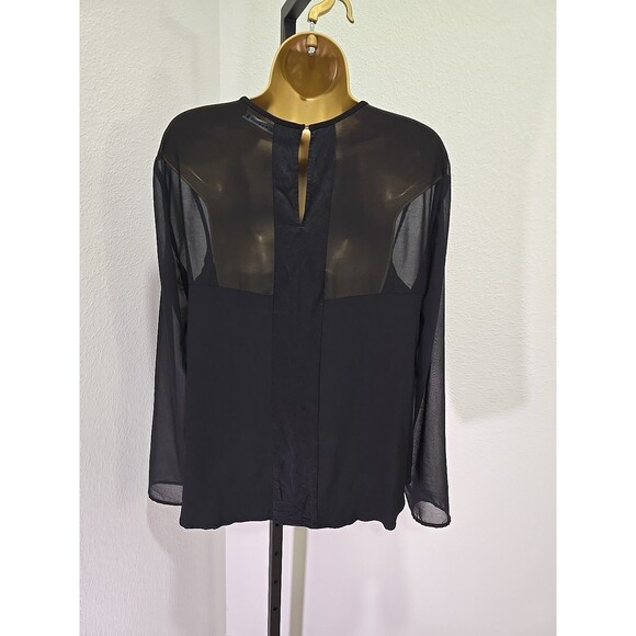 Zara Black Crepe Sheer Satin Stripe Top Blouse Lge Minimalist Dressy Long Sleeve - Picture 4 of 6
